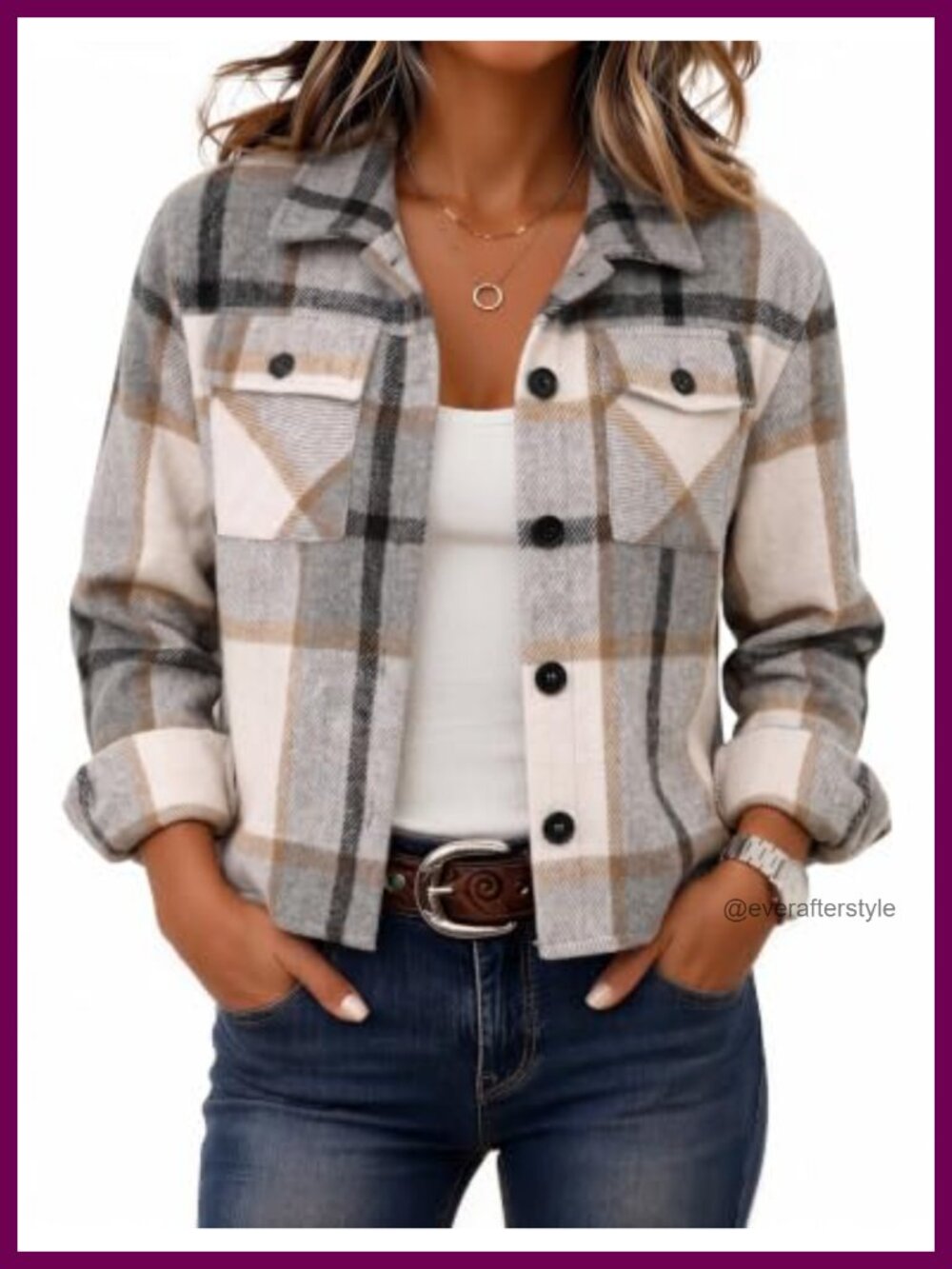 Cropped Plaid Flannel Shacket Button Down Jacket Casual Fall Coat
